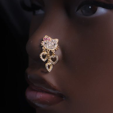 Detail Kitty Dangle Triple Heart Nose Stud Piercing Jewelry - YoniDa'PunaniNose Stud