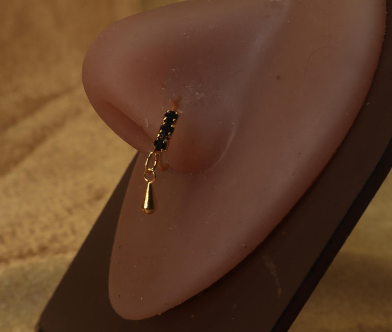 Elegant Black Gemstone with Teardrop Dangling Nose hoop - YoniDa&
