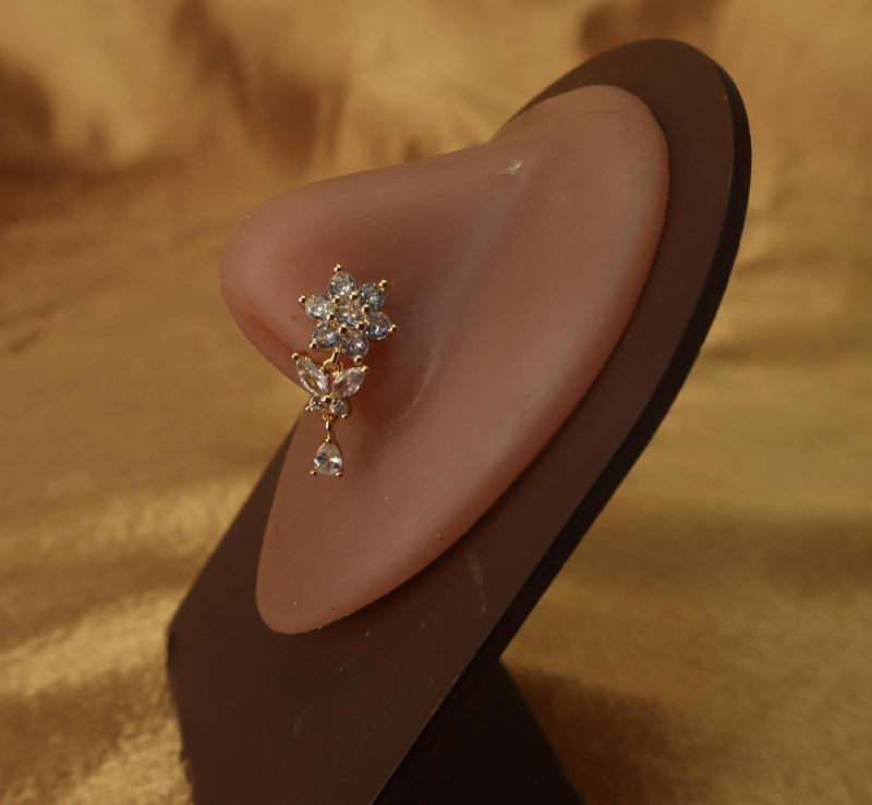 Floral Nose Stud with Dangling Butterfly and Gem - YoniDa&