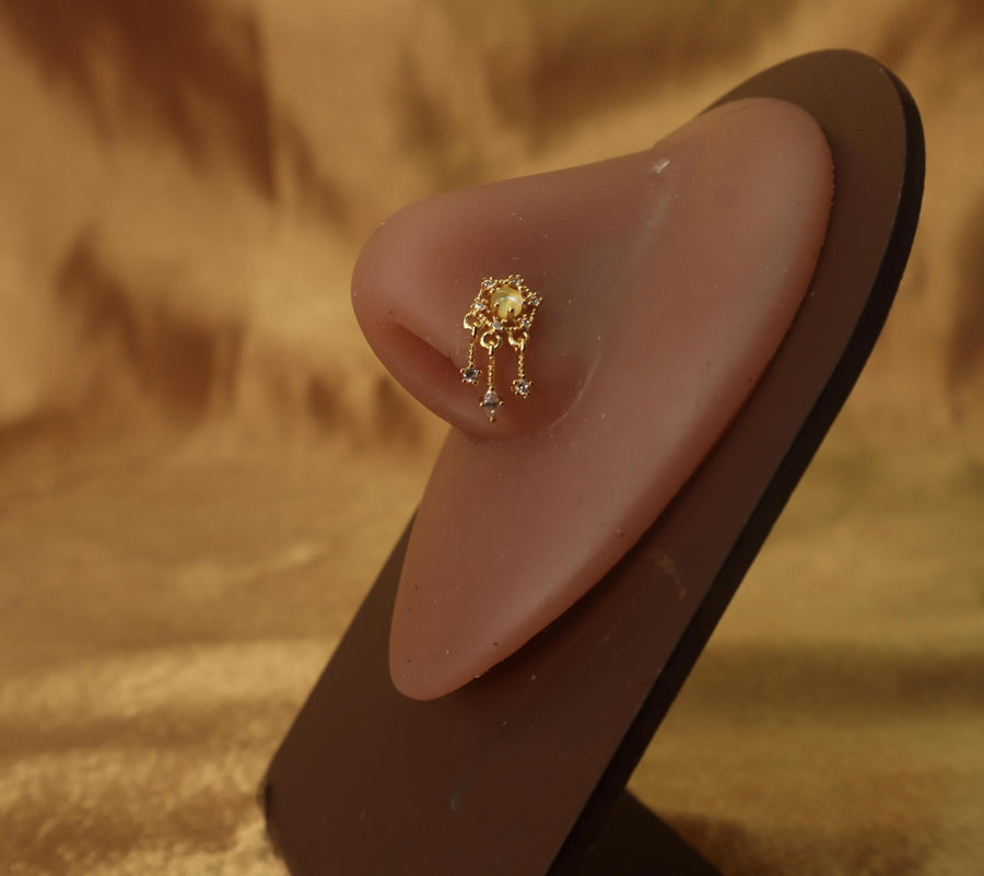 Gold Triple Dangling Gem Circle Nose Stud - YoniDa'Punani