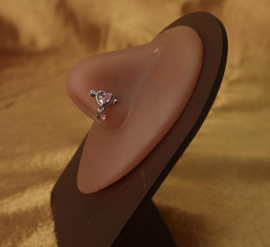 Pink Gem Dangle Nose Stud Jewelry Heart and Arrow Design - YoniDa'Punani