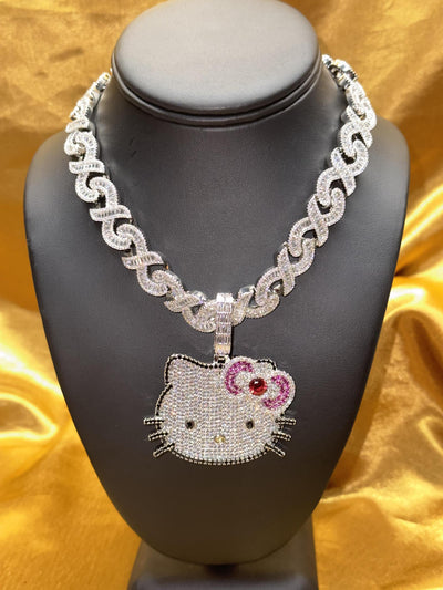 Pretty Cartoon Kitty Pendant Iced Out Zirconia Cuban Necklace - YoniDa'Punani