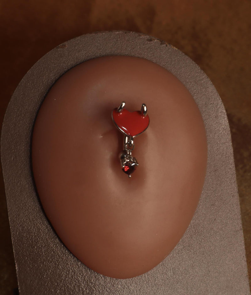 Red Horn Double Heart Dangle belly button - YoniDa&