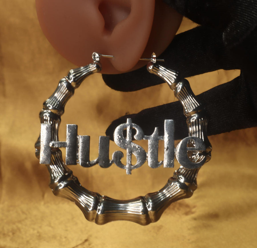 Sleek Silver Bamboo Hustle Word Earrings - YoniDa'Punani