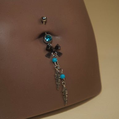 Blue Gems Bow Feather Navel Belly Button Rind Body Piercing Jewelry - YoniDa'PunaniBelly Button