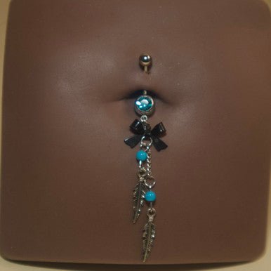 Blue Gems Bow Feather Navel Belly Button Rind Body Piercing Jewelry - YoniDa'PunaniBelly Button