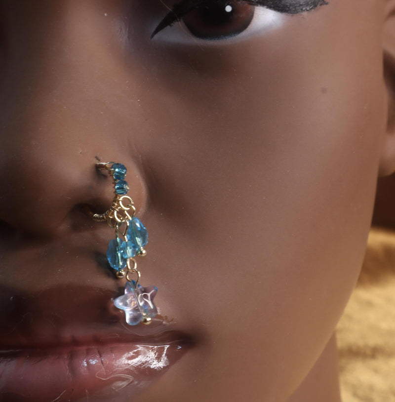 Steel Handmade Blue Dangle Star Beads Nose Hoop Jewelry - YoniDa&