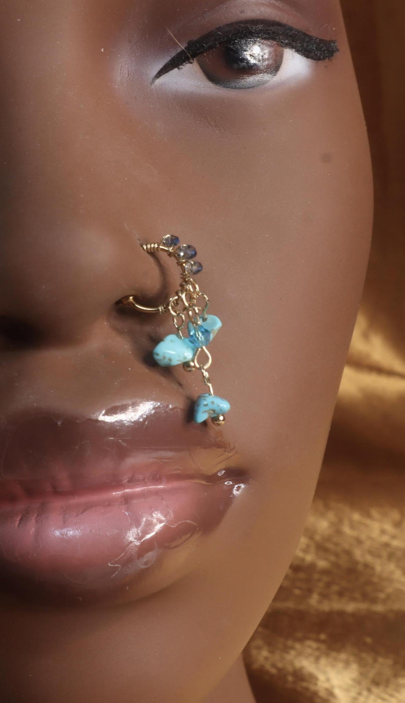 Turquoise Blue Crystal Dangle Non Piercing Nose Ring - YoniDa&